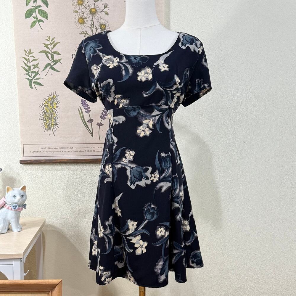 Vintage 90s Y2k Blue Cream Floral Tie Back Babydoll Dress Cottagecore Prairie M